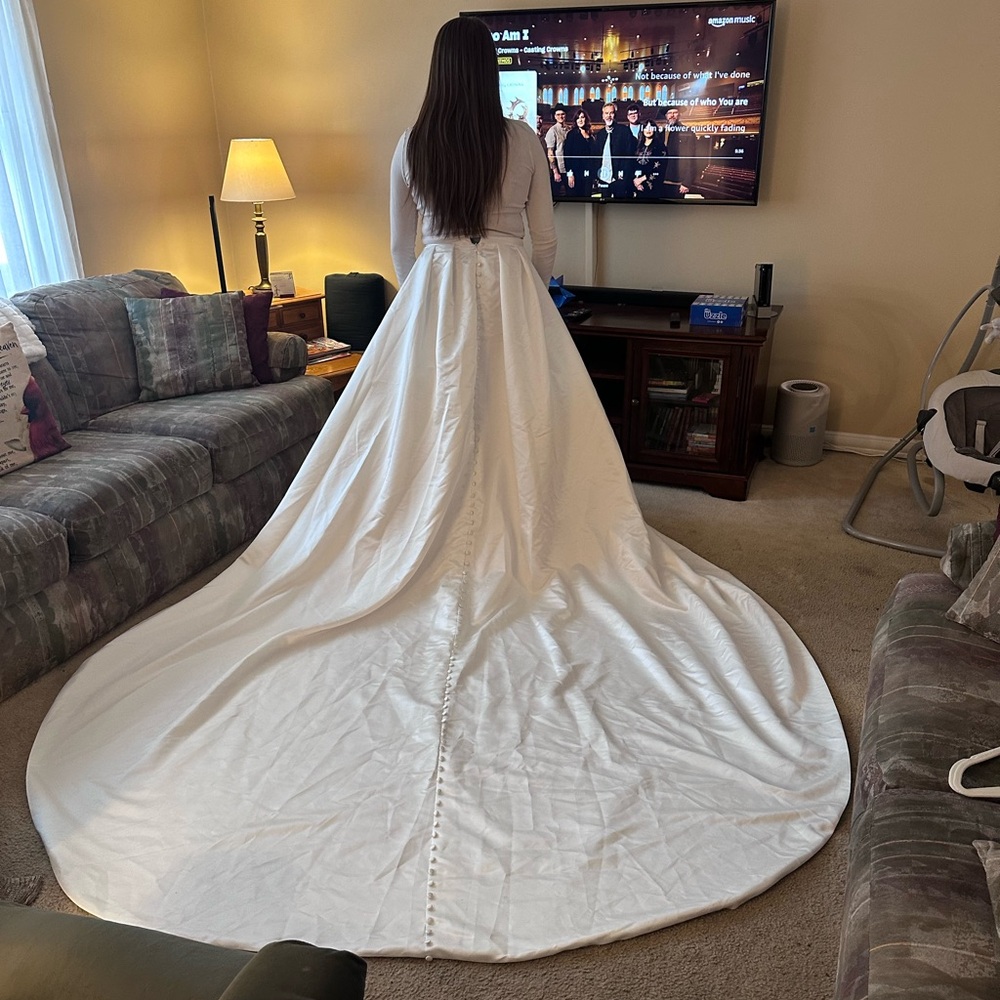 White bridal overskirt with cathedral train